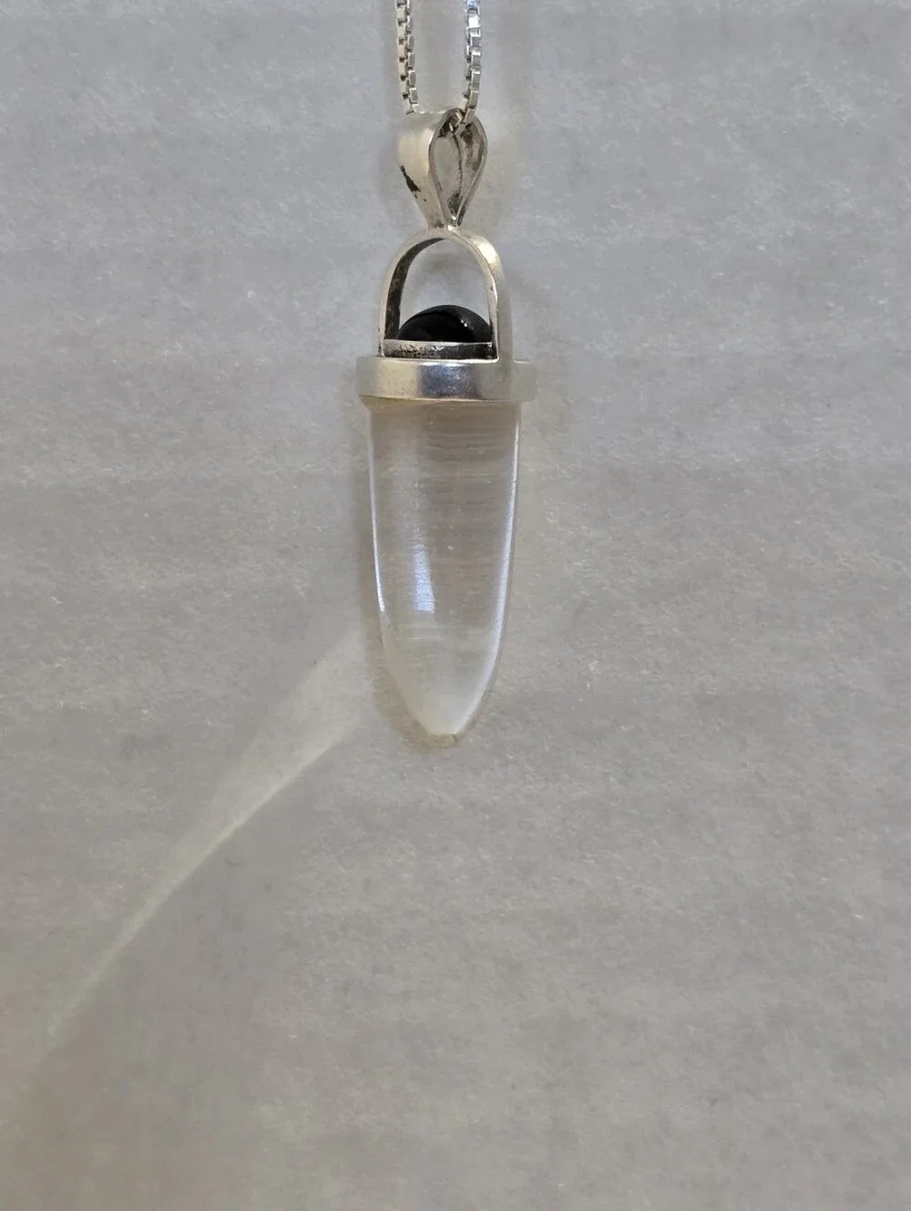 Vtg 1.4 Inch Black Tourmaline Clear Crystal Pendant On 18 Inch Silver Box Chain